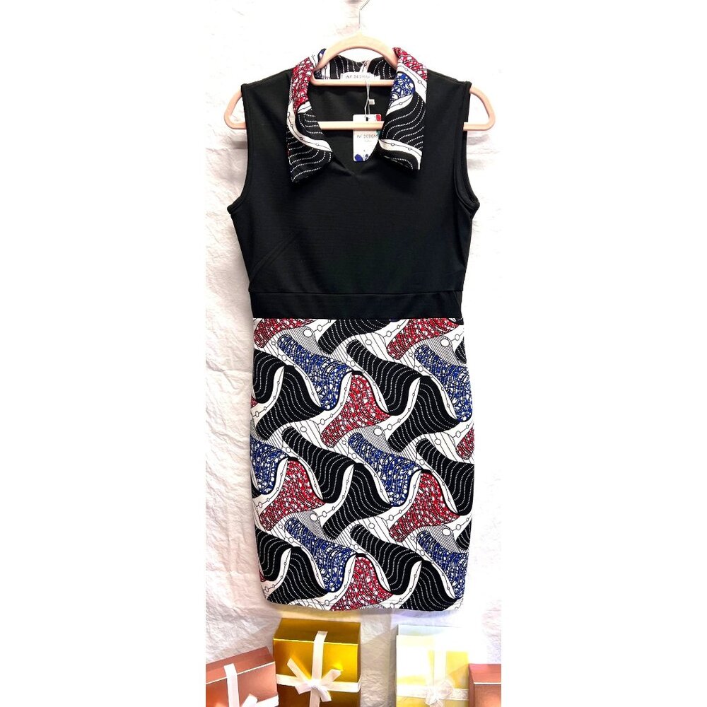 INF Designs Print Dress w Collar Small Cotton & Polyester Red/Black/Blue Sleevel